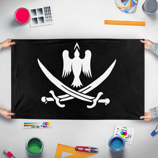 A mockup of the custom flag 'Anderson Black flag' held up on a table during print checking