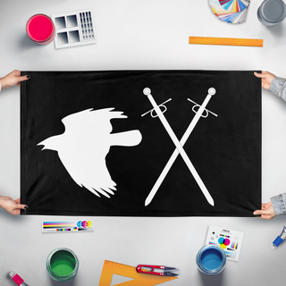 A mockup of the custom flag 'Anderson Black flag' held up on a table during print checking
