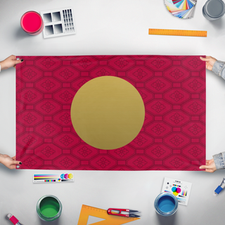 A mockup of the custom flag 'Ensign of the Emperor of Japan flag' held up on a table during print checking