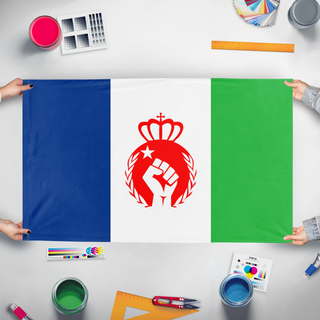 A mockup of the custom flag 'Whelaen flag' held up on a table during print checking