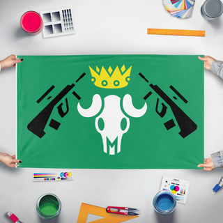 A mockup of the custom flag 'Team Battle flag' held up on a table during print checking