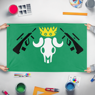 A mockup of the custom flag 'Squad flag' held up on a table during print checking