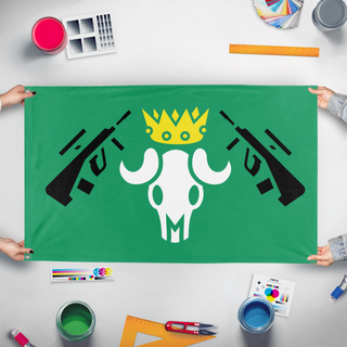 A mockup of the custom flag 'Squad flag' held up on a table during print checking