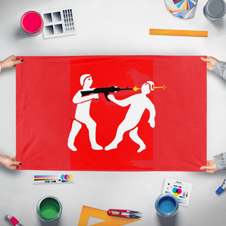 A mockup of the custom flag 'Principality of Monteverre flag' held up on a table during print checking