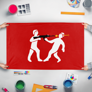 A mockup of the custom flag 'Principality of Monteverre flag' held up on a table during print checking