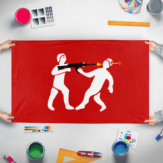 A mockup of the custom flag 'Principality of Monteverre flag' held up on a table during print checking
