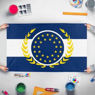 A mockup of the custom flag 'European Federation flag' held up on a table during print checking