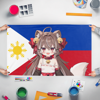 A mockup of the custom flag 'mocha flag' held up on a table during print checking
