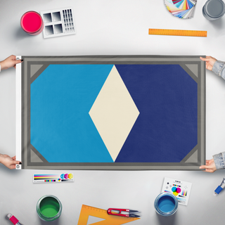 A mockup of the custom flag '4th Republic flag' held up on a table during print checking