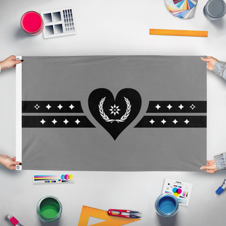 A mockup of the custom flag 'W-Headed Ashen Flag of New Pangea' held up on a table during print checking