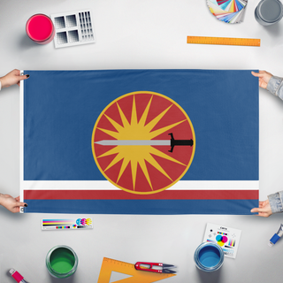 A mockup of the custom flag 'House Davion flag' held up on a table during print checking