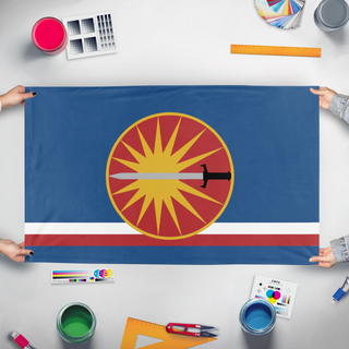 A mockup of the custom flag 'Federated Sun flag' held up on a table during print checking