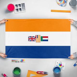 A mockup of the custom flag 'Oranje Blanje Blue flag' held up on a table during print checking
