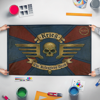 A mockup of the custom flag 'DKOK 401st flag' held up on a table during print checking