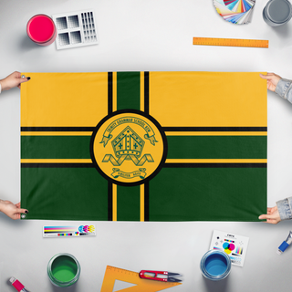 A mockup of the custom flag 'TGS flag' held up on a table during print checking