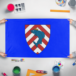 A mockup of the custom flag 'American Peoples Government' held up on a table during print checking