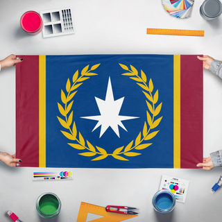 A mockup of the custom flag 'Old Eldian Empire flag' held up on a table during print checking
