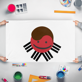A mockup of the custom flag 'Sparta made mice flag' held up on a table during print checking