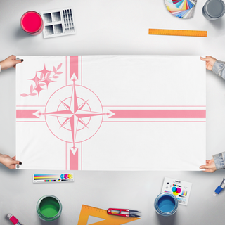 A mockup of the custom flag 'United Republic of Concourse flag' held up on a table during print checking