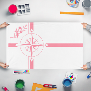 A mockup of the custom flag 'United Republic of Concourse flag' held up on a table during print checking