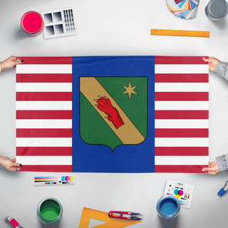 A mockup of the custom flag 'Special-Speciale Family flag' held up on a table during print checking