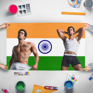 A mockup of the custom flag 'Bad Bunny Flag' held up on a table during print checking