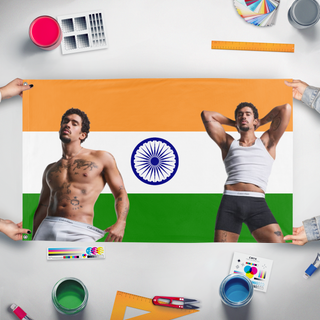 A mockup of the custom flag 'Bad Bunny Flag' held up on a table during print checking