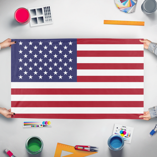 A mockup of the custom flag 'Flag of the United States' held up on a table during print checking