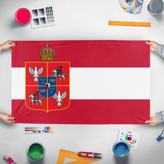 A mockup of the custom flag 'Silverland commonwealth flag' held up on a table during print checking