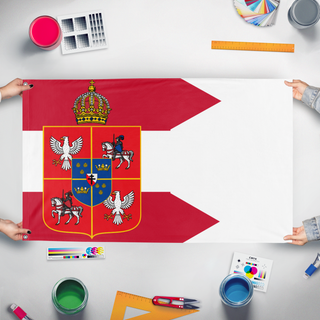A mockup of the custom flag 'silverland flag' held up on a table during print checking
