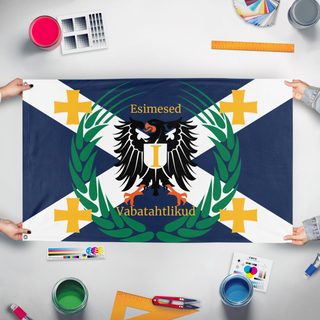 A mockup of the custom flag 'First volunteers flag' held up on a table during print checking