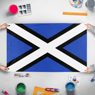 A mockup of the custom flag 'Feroransian flag' held up on a table during print checking