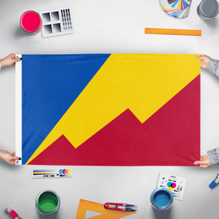 A mockup of the custom flag 'Boulder CO flag' held up on a table during print checking