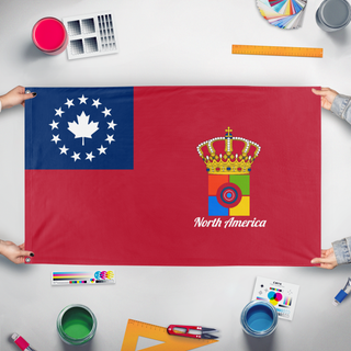 A mockup of the custom flag 'North American Crown Handle flag' held up on a table during print checking
