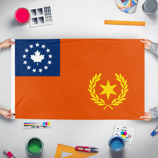A mockup of the custom flag 'North American Wealth and 6 Pointed Star Handle flag' held up on a table during print checking