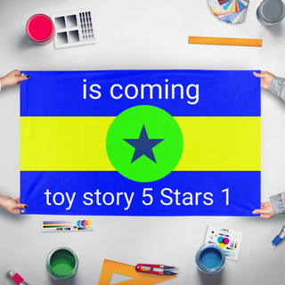 A mockup of the custom flag 'Toy Story 5 star 1 flag' held up on a table during print checking
