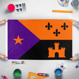 A mockup of the custom flag 'Acadiana Halloween flag' held up on a table during print checking