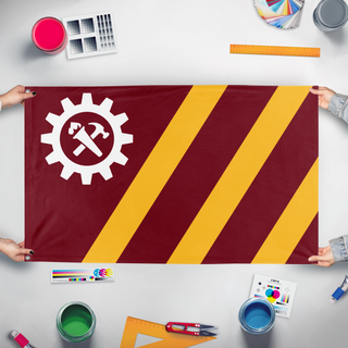 A mockup of the custom flag 'Combined Syndicates of America/C.S.A. flag' held up on a table during print checking