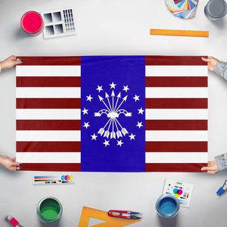 A mockup of the custom flag 'Falangist USA Flag' held up on a table during print checking