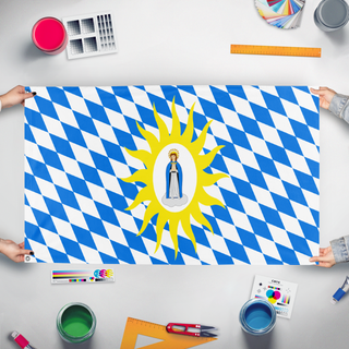 A mockup of the custom flag 'Catholic League flag' held up on a table during print checking