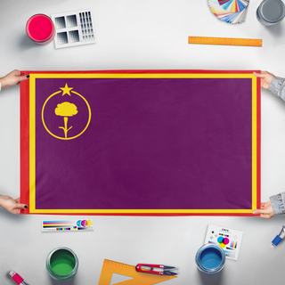 A mockup of the custom flag 'Utopian socialism Tomsk flag' held up on a table during print checking