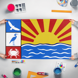 A mockup of the custom flag 'SI Garden flag' held up on a table during print checking