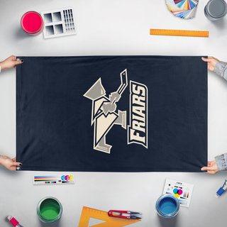 A mockup of the custom flag 'Malvern Hockey flag' held up on a table during print checking