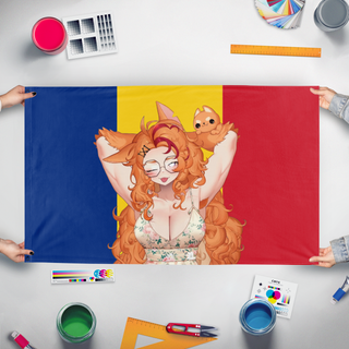 A mockup of the custom flag 'BuffpupPanPride flag' held up on a table during print checking