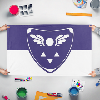 A mockup of the custom flag 'Flag of the Underground' held up on a table during print checking
