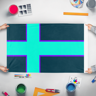 A mockup of the custom flag 'Spring grove scandinavia flag' held up on a table during print checking