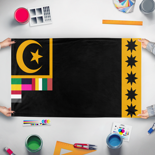 A mockup of the custom flag 'EmpireOfNightcadia flag' held up on a table during print checking
