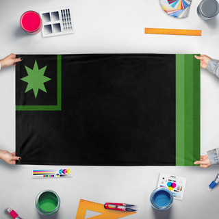A mockup of the custom flag 'snjfjfbijfbj flag' held up on a table during print checking