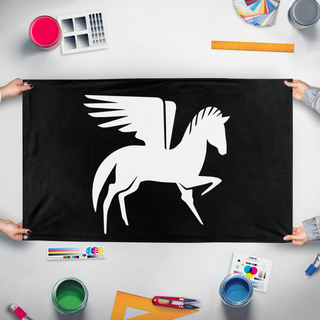 A mockup of the custom flag 'Anne Bonny Pirate flag' held up on a table during print checking