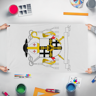 A mockup of the custom flag 'Grand Master of the Teutonic Order flag' held up on a table during print checking